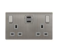 Click Definity Complete SFSS596GY 'Ingot' 13A 2 Gang Switched Safety Shutter Socket with Twin Type C USB (4.2A) - Stainless Steel - Grey Inserts