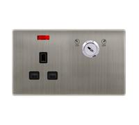 Click Definity Complete SFSS655BK 13A 1 Gang Double Pole Key Lockable Socket With Neon - Stainless Steel Cover Plate - Black Insert