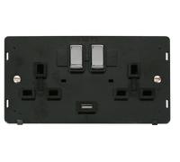 Click Definity SIN570BKCH 13A 2G Ingot Switched Socket With 2.1A USB Outlet Insert - Black / Chrome