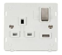Click Definity SIN571PWBS 13A 1G Ingot Switched Socket With 2.1A USB Outlet Insert - Polar White / Brushed Stainless