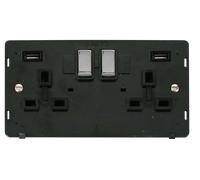 Click Definity SIN580BKCH 13A Ingot 2 Gang Switched Socket With Twin 2.1A USB Outlets (4.2A) (Twin Earth) Insert - Black / Chrome