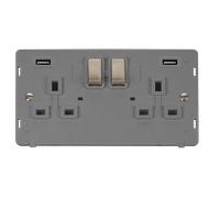 Click Definity SIN580GYBS 13A Ingot 2 Gang Switched Socket Outlet With Twin USB (Total 4.2A) Outlets Insert - Grey / Brushed Stainless
