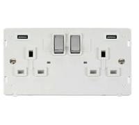 Click Definity SIN580PWCH 13A Ingot 2 Gang Switched Socket With Twin 2.1A USB Outlets (4.2A) (Twin Earth) Insert - Polar White / Chrome