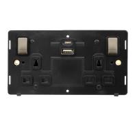 Click Definity SIN586BKBS 13A Ingot 2 Gang Switched Safety Shutter Socket Outlet With Type A & C USB (4.2A) Outlets Insert - Black / Brushed Stainless