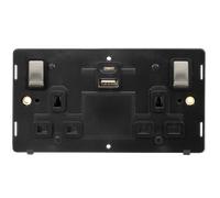Click Definity SIN586BKSS 13A Ingot 2 Gang Switched Safety Shutter Socket Outlet With Type A & C USB (4.2A) Outlets Insert - Black / Stainless Steel