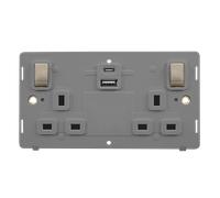 Click Definity SIN586GYBS 13A Ingot 2 Gang Switched Safety Shutter Socket Outlet With Type A & C USB (4.2A) Outlets Insert - Grey / Brushed Stainless