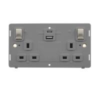 Click Definity SIN586GYSS 13A Ingot 2 Gang Switched Safety Shutter Socket Outlet With Type A & C USB (4.2A) Outlets Insert - Grey / Stainless Steel
