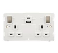 Click Definity SIN586PWBS 13A Ingot 2 Gang Switched Safety Shutter Socket Outlet With Type A & C USB (4.2A) Outlets Insert - Polar White / Brushed Stainless