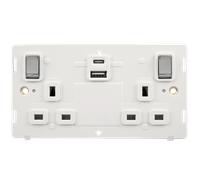 Click Definity SIN586PWCH 13A Ingot 2 Gang Switched Safety Shutter Socket Outlet With Type A & C USB (4.2A) Outlets Insert - Polar White / Chrome