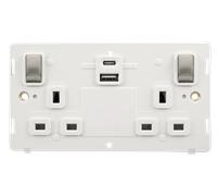 Click Definity SIN586PWSS 13A Ingot 2 Gang Switched Safety Shutter Socket Outlet With Type A & C USB (4.2A) Outlets Insert - Polar White / Stainless Steel