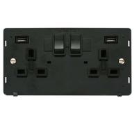 Click Definity SIN780BK 13A 2 Gang Switched Socket With Twin 2.1A USB Outlets (4.2A) (Twin Earth) Insert - Black