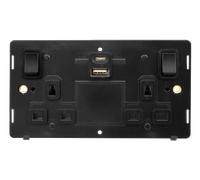 Click Definity SIN786BK 13A 2 Gang Switched Socket Outlet with Type A & C USB (4.2A) Outlets Insert - Black