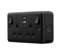 Click MCP586BK Metal Clad Pro 13A 2G Safety Shutter Switched Socket Outlet with Type A & C USB (4.2A) Outlets - Black