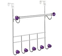 click & receive Over Door Hanger - Chrome Effect Hanging Rail with 5 Hooks - Single & Double Hook Options - Purple Diamante Detail - No Drilling Required (5 Hook with Hanging Rail)