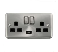 Click Scolmore Deco Plus Satin Chrome 2 Gang USB Outlet Switch 13A With Black Ingot - DPSC570BK
