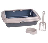 Click & Secure Basic Large Cat Litter Tray 45 x 35cm/18 x 14", Flat & Deep Rectangular Litter Box Loo with Rim, Kitty Litter Scoop and Food/Water Bowl Designed & Made in Italy for Adult Cats Taupe