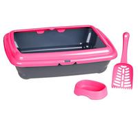 Click & Secure Basic Large Cat Litter Tray 45 x 35cm/18 x 14", Flat & Deep Rectangular Litter Box Loo with Rim, Kitty Litter Scoop and Food/Water Bowl Designed & Made in Italy for Adult Cats Pink