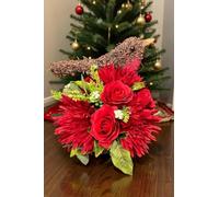 click2style Salim Material Christmas Animal Shaped Planters, Robin and Reindeer Design, Decorative Lined Garden Containers for Holiday Decor (Robin with Side Basket & Flowers)