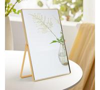 Clickinline Mirror For Dressing Table, Metal Frame Portable Swivel Tabletop Mirror, Countertop Mirrors With Stand, Modern Makeup Mirror for Bedroom, Bathroom or Desk (Gold+Rectangle)