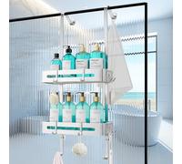 Clickinline Shower Caddy Hanging, over Door Shelf Storage with 2 Tier Rack, No Drilling Shower Shelf with 4 Hooks Bathroom Organizer, Storage Rack for Shampoo, Silver