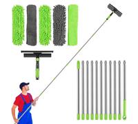 Clickinline Window Cleaning Equipment, 5m Window Squeegee, Telescopic Window Cleaner, With Squeegee Brush and Scrubber Tool, 11 Pcs Adjustable Pole for Indoor/Outdoor High Window, Wall, Car (Green)