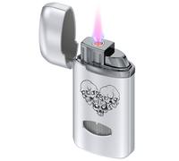 CLICKON Skull Jet Flame Lighter, Windproof Butane Refillable Lighter with Gas Window & Adjustable Flame, Ultra-Light 43g Pocket Lighter with Pink Flame (Silver),Sold Without Gas