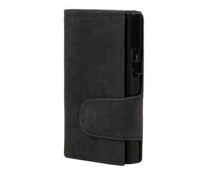 CLICKSAFE® Credit Card Holder with Coin Compartment and Note Compartment Made of Black Hunter Leather with Black Aluminium Safe and RFID Protection (Card Case, Card Holder, Slim Wallet)