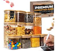 CLIDOR ® Square Storage Jars, Set of 12, Premium 3 mm Glass Thickness, Glass Containers with Lids for Airtight Closure, Stackable, Modern Style, 0.55L per Jar