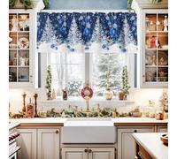 Cliduli Christmas Valance for Windows,Christmas Winter Snowflakes Blue Xmas Ball Ornaments White Xmas Tree Window Treatments 1 Panel Short Curtains for Kitchen Windows Bathroom Bedroom,42 x 12 Inch