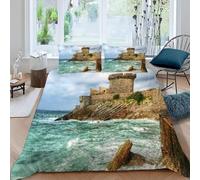 Cliffside Waves Printed Single Duvet Cover Set Ancient Castles Bedding Set Ultrasoft Microfiber Quilt Cover 150x200 cm with Zipper and 2 Pillowcases for Single Bed 3412.A