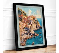 Clifftop Mediterranean Village Coastal Framed Wall Art Print A2 (59.4×42cm) Black, Wall Decor for Living Room, Bedroom, Office & Home, Ready to Hang, Art Gift