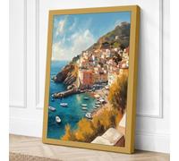 Clifftop Village by the Sea Canvas Wall Art Print 18x12 Inch (46 x 30 cm)
