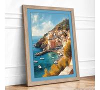 Clifftop Village by the Sea Coastal Framed Wall Art Print A1 (84.1×59.4cm) Oak, Wall Decor for Living Room, Bedroom, Office & Home, Ready to Hang, Art Gift