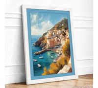 Clifftop Village by the Sea Coastal Framed Wall Art Print A2 (59.4×42cm) White, Wall Decor for Living Room, Bedroom, Office & Home, Ready to Hang, Art Gift