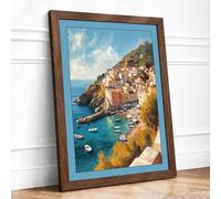 Clifftop Village by the Sea Coastal Framed Wall Art Print A4 (29.7×21cm) Walnut, Wall Decor for Living Room, Bedroom, Office & Home, Ready to Hang, Art Gift
