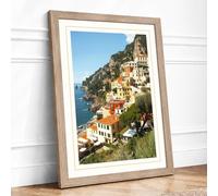 Clifftop Village on the Mediterranean Coastal Framed Wall Art Print A1 (84.1×59.4cm) Oak, Wall Decor for Living Room, Bedroom, Office & Home, Ready to Hang, Art Gift