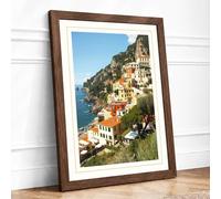 Clifftop Village on the Mediterranean Coastal Framed Wall Art Print A1 (84.1×59.4cm) Walnut, Wall Decor for Living Room, Bedroom, Office & Home, Ready to Hang, Art Gift
