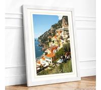 Clifftop Village on the Mediterranean Coastal Framed Wall Art Print A1 (84.1×59.4cm) White, Wall Decor for Living Room, Bedroom, Office & Home, Ready to Hang, Art Gift