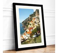 Clifftop Village on the Mediterranean Coastal Framed Wall Art Print A4 (29.7×21cm) Black, Wall Decor for Living Room, Bedroom, Office & Home, Ready to Hang, Art Gift