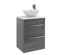 Clifton 2-Drawer Floor Standing Vanity Unit With Sit-On Basin And Worktop 600mm Wide - Storm Grey Gloss - Brassware Not Included