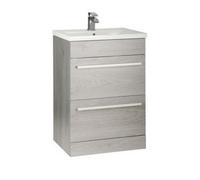 Clifton Bathroom 2-Drawer Floor Standing Vanity Unit With Mid Depth Ceramic Basin 600mm Wide - Silver Oak - Brassware Not Included