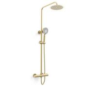 Clifton Brush Brass Round Thermostatic Exposed Bar Mixer Shower + Ultra Slim Overhead Drencher & Sliding Handset - 1 Shower Head