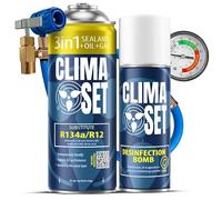 ClimaSet - 3-in-1 Aircon Top Up Gas r134a, Oil, Leak Sealer & Air Con Cleaner & Hose - AC Gas Refill Kit - Air Conditioning Car Recharge Kit - 170g