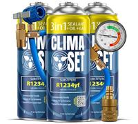 ClimaSet - 3 x 3-in-1 R 1234yf Air Con Recharge, Oil, Leak Sealer & 1 x Hose & 1 x Adapter - AC Gas Refill Kit - Air Conditioning Car Recharge Kit - 510g