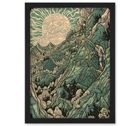 Climb Every Mountain Hikers at Sunrise Linocut Artwork Framed Wall Art Print A4 Artery8 Black One Size