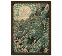 Climb Every Mountain Hikers at Sunrise Linocut Artwork Framed Wall Art Print A4 Artery8 Brown One Size