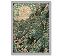 Climb Every Mountain Hikers at Sunrise Linocut Artwork Framed Wall Art Print A4 Artery8 Light Grey One Size