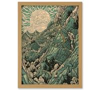 Climb Every Mountain Hikers at Sunrise Linocut Artwork Framed Wall Art Print A4 Artery8 Light Oak One Size