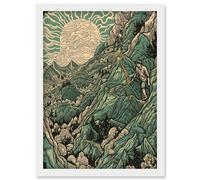 Climb Every Mountain Hikers at Sunrise Linocut Artwork Framed Wall Art Print A4 Artery8 White One Size
