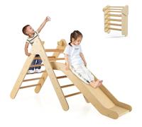 Climbing Frame for Toddlers, 2 in 1 Wooden Indoor Climbing Pikler Triangle Set with Ramp Ladder Slide, Baby Montessori Playground Jungle Gym Climber Toys (Natural)